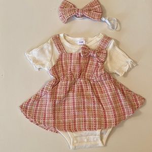 Adorable 2 piece baby girl outfit tweed short sleeve dress & Headband